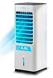 MIDEA Enfriador de Aire Portatil Grande, 3 en 1 con Tanque 5.6L, Climatizador Evaporativo con 3 Velocidades, Temporizador 7h, Silencioso, LED, Ventilador Aire Frio con Acumuladores de hielo Extraíbles
