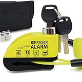 KRASER WA6Y Candado Moto Disco Alarma/Antirrobo Moto con Alarma 110dB, Reforzado Impermeable, Cerradura Seguridad, Accesorio Cable Bolsa, Universal Motocicleta Scooter Bicicleta Eléctrica, Bloqueo 6mm