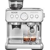 VEVOR Cafetera Espresso con Molinillo, Cafetera Espresso Semiautomática de 15 Bares con Espumador de Leche, Tanque de Agua Extraíble y Manómetro para Capuchino, Latte, Machiato, Sistema de Control PID