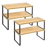 SONGMICS Organizadores de Cocina, Juego de 4 Estantes de Cocina, para Almacenamiento de Gabinete, Apilables, Expandibles, Metal y Madera de Ingeniería, Negro Tinta y Beige Natural KCS210B01