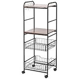 HOMCOM Carrito de Cocina Carrito Auxiliar con Ruedas con 2 Estantes 2 Cestas Extraíbles y 4 Ganchos para Comedor Baño 40x38x111 cm Nogal y Negro