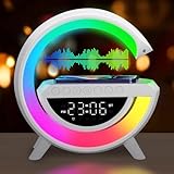 XUNIVERS Nueva Lámpara de Mesa LED Inteligente,Lámpara de Ambiente con Cargador Inalámbrico,Altavoz Bluetooth Lámpara de Luz Nocturna Regulable,Reloj Despertador con Sincronización de Música(Blanco)