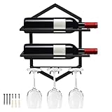 Giyiprpi Estante de Vidrio para Copas de Vino Montado en La Paredde Metal, Vino Estante De Exhibición Capacidad para 3 Copas y 2 Botellas de Vino, Bar Cocina Restaurante Decoración (Negro 1)