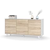 Habitdesign Aparador, Buffet, Salón Comedor 3 Puertas, Modelo Zaiken Plus, Color Blanco Brillo y Roble Canadian, Medidas: 154 cm (Ancho) x 75 cm (Alto) x 41 cm (Fondo)