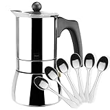 MAGEFESA ® Genova cafetera italiana con capacidad para 4 tazas, 200 ml, fabricada en acero inoxidable, cafe, apta para todo tipo de cocinas, incluido INDUCCION (Cafetera 4 tazas + 6 Cucharas moka)