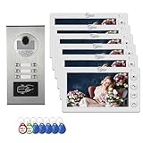 Videoportero con cable para apartamentos, 6 unidades, monitor de 7 pulgadas, videoportero, timbre de puerta de vídeo para interiores y exteriores, desbloqueo de tarjeta de identificación, audio de 2