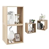 KOMFOTTEU Juego de 2 Cubos de Almacenamiento, Organizador de Madera Combinable, Estantería Modular con Dispositivo Antivuelco, Librería Apilable para Sala de Estar, Dormitorio, Natural