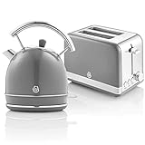Swan Retro Set Desayuno Hervidor de Agua 1,8L Inalámbrico con Resistencia de Acero Inoxidable, Tostadora Pan Ranura Ancha 2 Rebanadas, Regulador 6 Niveles de Tostado, Diseño Vintage, Gris, Talla Única