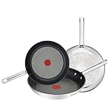 Tefal Duetto ON - Juego de 3 Sartenes de 20/24/28 cm de acero inoxidable, antiadherentes, base gruesa, reforzada a prueba de impactos, fácil limpieza, apto para todo tipo de cocinas