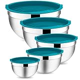 Onader Cuenco para mezclar, 5 piezas, acero inoxidable, juego de ensaladera con tapa hermética, perfecto para hornear/cocinar, apilable y apto para lavavajillas, 4,6/2,8/1,6/1,2/0,7L