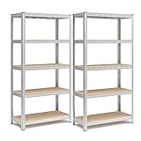 SONGMICS Juego de 2 Estanterías Almacenaje de 5 Niveles, Estantería Metálica, Modular, Garaje, Almacén, Trastero, Cocina, Carga de 875 kg, 40 x 90 x 180 cm, Plata GLR040E02