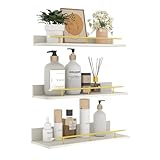 Giftgarden Estanteria Pared de Madera Blanca con Barandillas Metálicas Doradas, Juego de 3 Baldas Pared de Diferentes Tamaños, Ideales para Ahorrar Espacio en la Cocina, Baño y Sala de Estar