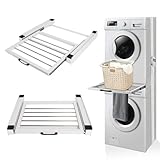 Kit de Unión Universal para Lavadoras y Secadoras, Bastidor Intermedio Secadora Lavadora con Toallas de Acero Telescópicas, Bastidor de Conexión Universal con Cuerda de Trinquete (60cm Blanco)