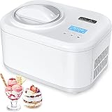 KUMIO Maquina de Helado con Compresor, Sin Precongelación Heladeras Hacer Helado, Maquina Yogurt Helado con Pantalla LCD & Temporizador, Paleta Mezcladora Desmontable & Bol de 1L & Tapa, 100W, Blanco