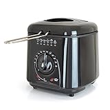 Kitchen Perfected Freidora compacta de 1.0 litros, antiadherente, control termostato, cesta para freír con mango extraíble, patas antideslizantes, tapa desmontable, ventana visualización – BIack
