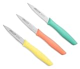 Arcos Set Cuchillos Mondadores. 3 Piezas Acero Inoxidable. Cuchillos Cocina Peladores Multicolor para Pelar Frutas y Verduras. Mango Ergonómico Polipropileno. Serie Nova. Naranja, Amarillo y Azul.
