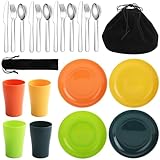 Evanda Juego de Cubiertos de Camping de 20 Piezas, Taza Reutilizable de Peso Ligero, Plato y Juego de Cubiertos de Acero Inoxidable con Bolsa Negra, para Camping de 4 Personas, Apto para lavavajillas