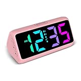 Netzu Reloj Despertador Fuerte para Personas Que Duermen pesadamente, Relojes Despertador RGB para dormitorios y niños Mayores, Reloj Digital enchufable con 5 atenuadores, 2 alarmas Rosa