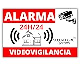 SecureHome Systems - Set de 8 Pegatinas disuasorias de Robo Fondo Blanco - Alarma + videovigilancia 24 Horas - Resistencia a la Lluvia y a los Rayos UV - 8,5x5,5cm