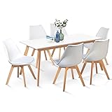IDMarket - Conjunto de mesa de comedor extensible Inga 160-200 cm y 6 sillas SARA blancas, diseño escandinavo