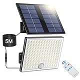 Luz Solar Exterior con Sensor de Movimiento, Foco Solar Exterior con Control Remoto, 2000mAh 3 Modos IP65 Impermeable Luces Solares Led Exterior Jardin, Lampara Solar Exterior con Cable de 5M, 1 Pieza