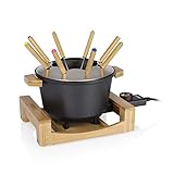 Princess 173025 Fondue Pure con carcasa de bambú y volumen de 1.5 L, adecuada para 8 personas para fondue de queso, chocolate, caldo o aceite, olla de aluminio fundido a presión, 800 W, Negro y bambú