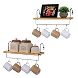 BELLE VOUS Set Estanteria de Pared - 2X Repisas de Madera para Cocina o Baño - Estanterias Decorativas con Riel y Ganchos - Estantería para Colgar Tazas Utensilios y Accesorios