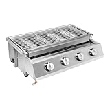 4 quemadores para barbacoa de gas, parrilla de gas, acero inoxidable, altura regulable, con parrilla extraíble, 4 quemadores y 4 interruptores de control, 55,8 x 23,2 cm, para camping, balcón, jardín