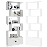 HOMASIS Librería en Forma de S de 6 Niveles con Puertas, estantería de Almacenamiento Que Ahorra Espacio, estantes Decorativos de Madera para salón, Dormitorio, Oficina, 70 x 23 x 183 cm (Blanco)