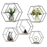 ConBlom Estantería de Pared Hexagonal de Metal, diseño de línea geométrica Hexagonal Europea, estantería de Pared con estantes de Madera, para apartamento, Estudio, Dormitorio, salón (Negro * 5)