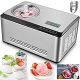 Heladera y Yogurtera 2 en 1, Maquina de Helado 2L, Heladera con Compresor, Máquina para Hacer Helados con Pantalla LCD, Recetas, sin Precongelación, para Yogur y Sorbete, Acero Inoxidable, 180W