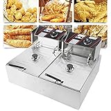 Freidora doble de acero inoxidable, 12 L, con zona fría, con termostato de 60 a 200 °C, incluye cesta y tapa