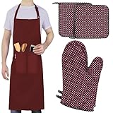 LEFUNDA® Delantal de cocina, delantal impermeable con 3 bolsillos, delantal para barbacoa, ajustable con cintas largas, para hombre y mujer, cocina, barbacoa, restaurante, café, Rojo (1 delantal + 2