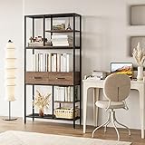 HOCSOK Librería de 5 Niveles, Estanterias para Libros con 2 Cajones, Mueble de Almacenamiento Independiente para Estudio, Salón, Oficina, Madera, 90 x 30 x 180 cm, (Marrón + Negro)