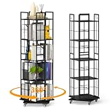 Nisorpa Estantería giratoria de metal negra con ruedas, estantería giratoria de 5 niveles con ganchos, estante de esquina para libros, estantería giratoria alta para dormitorio, sala de estar,