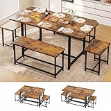 Conjunto Mesa y Sillas Cocina, Mesa de Cocina con Sillas, Mesa de Comedor Extensible, Mesa de Cocina con 2 Taburetes y 2 Bancos, para 8 Personas, Estructura de Metal, Cocina, Comedor, Salón, Marrón