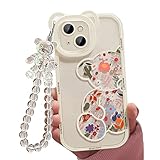 Jusy Compatible con iPhone 13 Funda, Lindas Flores Floral Oso Cubierta con Hermosa Correa de Muñequera Cadena para Niñas Mujeres, Transparente Kawaii Cámara Protección Bonita Funda de Teléfono Moderna