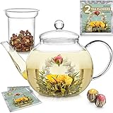 Teabloom Tetera de Cristal Modelo Celevration con Infusor Extraíble – Segura para Hornillo y Microondas - Tetera para Té de Hojas (1.2 L) - Incluye 2 Flores de Té