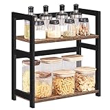 SONGMICS Estante de especias OFS046B01, estante de almacenamiento de 2 niveles, organizador de escritorio, marco de bambú, para cocinas, comedores, oficinas, marrón rústico y negro