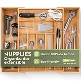JUPPLIES Organizador Cajones - Cuberteros para Cajon Cocina Extensible 43x32-50x5 cm - Caja Organizadora para Utensilios hasta 8 Compartimentos - Bandeja de Bambu