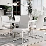 Merax Juego de 4 sillas de comedor con respaldo alto de piel sintética de poliuretano y lino, estructura de metal, silla de cocina moderna, silla tapizada para salón, sala de conferencias, color