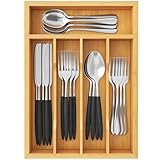 Lifewit Bandeja para Cubiertos, Organizador Cajones de Cubertos de Bambú, Cocina Organizador de Cubertería Compacto para Cucharas, Tenedores, Utensilios, Cuchillos, 5 Compartimentos, Natural