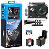 AKASO EK7000 Cámara Deportiva 4K con Tarjeta de Memoria microSDXC de 64GB Cámara de acción 4K 20MP WiFi Gran Ángulo 170° con EIS Control Remoto 2.4G Camara Acuatica Sumergible 30M 2 Baterías
