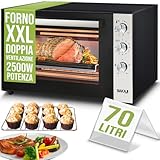Bakaji Horno eléctrico ventilado, capacidad 70 litros, potencia 2500 W, temperatura regulable hasta 250°, 2 ventilaciones con elementos calefactores, acero, luz interior, función temporizador, asador