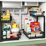 Kitstorack Metal 2 Paquete Organizador Fregadero, 2 Niveles Organizador Extraíble Estante Almacenamiento Debajo Fregadero Para Cocina, Baño, Negro