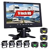 CAMECHO Camara Delantera/Trasera de Coche Kit, 9 Pulgadas 4 Divisiones, Camara Impermeable, 18 IR IP 68 Visión Nocturna con 2 x 33 pies y 2 x 65 pies para Camiones de Remolque