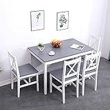 DlandHome - Mesa de comedor con 4 sillas, juego de 5 piezas, juego de muebles de cocina, madera de pino, color gris y blanco