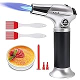 flintronic® Soplete de Cocina, Antorcha de Cocina, Antorcha de Butano Rellenable con Cierre de Seguridad, Llama Ajustable con 2 Cepillos de Silicona para Cocinar, Barbacoa, Gas Butano No Incluido