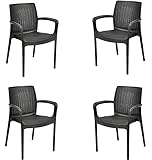 Keter Bali - Pack x4 Silla jardín para Interior y Exterior con reposabrazos Ideal para Jardines y terrazas, apilable, Resina con Acabado de ratán Plano, Color Grafito