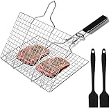 Cesta para Asar Pescado Canasta de Parrilla de Barbacoa de Acero Inoxidable portátil Plegable con 2 Cepillos de Silicona Parrillas para Barbacoa para Pescado,Verduras,Camarón,Carne Etc